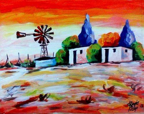 Beautiful acrylic painting by artist Regis Manja titled- Bethal farm in the Evening