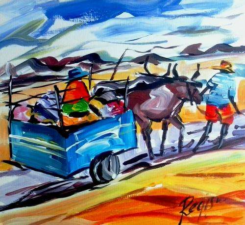 Larger than normal !!!!!!Beautiful acrylic painting by artist Regis Manja titled- Ox Wagon