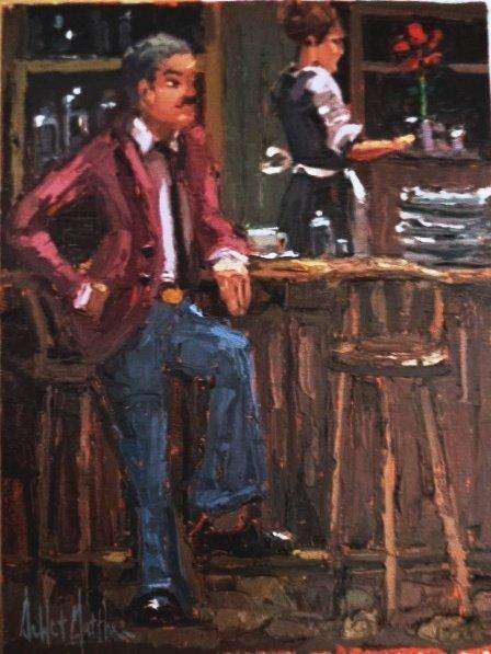 Crazy low start !!!  Original De Wet Matthee painting titled- Hotel bar !!!