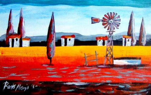 Beautiful acrylic painting by artist Regis Manja titled- Farm at Night