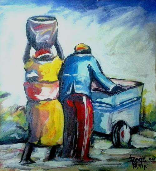 Beautiful acrylic painting by artist Regis Manja titled- Vendors going home