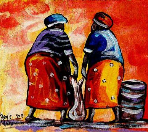 Beautiful acrylic painting by artist Regis Manja titled- Washing up