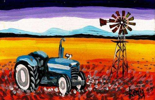 Beautiful miniature acrylic painting by artist Regis Manja titled- Blue Tractor (check size)