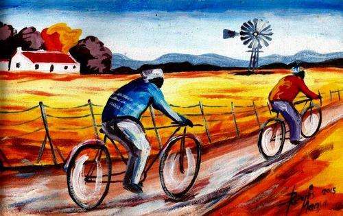Beautiful acrylic painting by artist Regis Manja titled- On the way to town