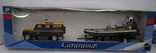 Cararama Hongwell Diecast Model Car Land Rover Defender 110 + Inflatable boat on trailer "Coastguard