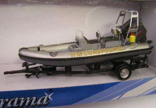 Cararama Hongwell Diecast Model Car Land Rover Defender 110 + Inflatable boat on trailer "Coastguard