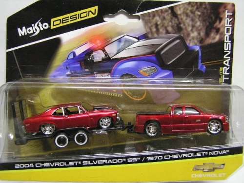 Maisto Diecast Model Car Elite Transport Chevy Chevrolet Silverado Pickup 2004 & Nova 1970 1/64 scal