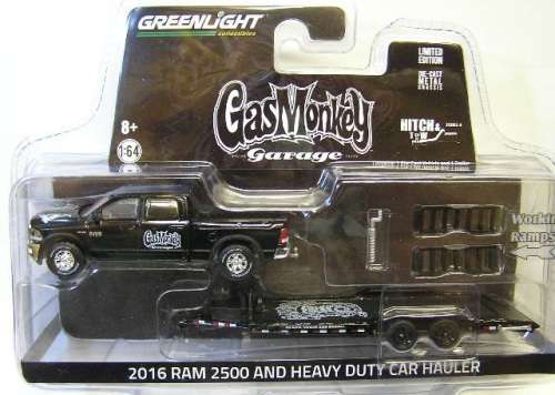 Greenlight Diecast Model Car Set Hitch & Tow TV Gas Monkey Dodge RAM 2500 Pickup 2016 & Trailer 1/64