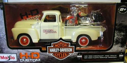 Maisto Diecast Model Car + Motorbike Chevy 3100 Pickup 1950 + Harley Davidson FLSTS Heritage Springe