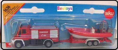 SIKU Diecast Model 1636 Truck & Trailer Mercedes Benz Unimog with inflatable boat on trailer Fire