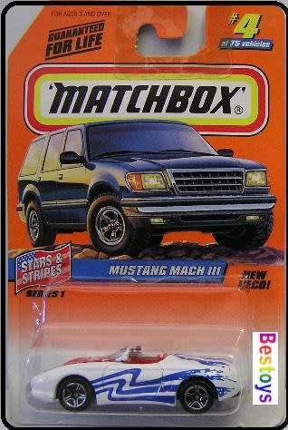 Matchbox Diecast Model Car 1998 4 / 75 Ford Mustang Mach III 3 Stars & Stripes 1/64 scale new in pac