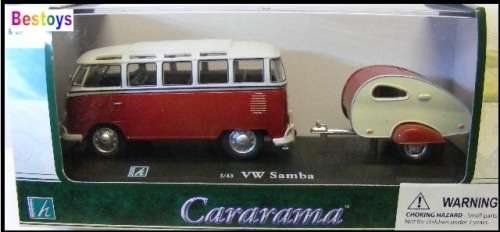 Cararama Hongwell Diecast Model Car VW Kombi Samba Bus + Teardrop Camper trailer 1/43 scale new
