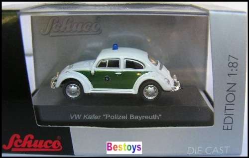 Schuco Diecast Model Car 25383 Volkswagen VW Beetle Police "Polizei Bayreuth" 1/87 HO railway scale