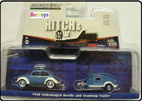 Greenlight Diecast Model Car Set Hitch & Tow VDub VW Volkswagen Beetle 1948 + Teardrop Trailer 1/64