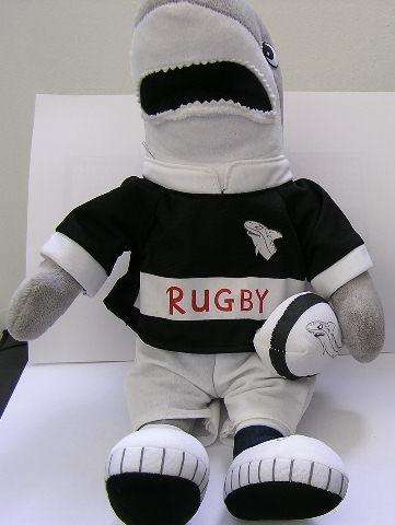 Sharks Rugby Team Shark Mascot Plush Soft Toy with rugby ball , 36cm , as new