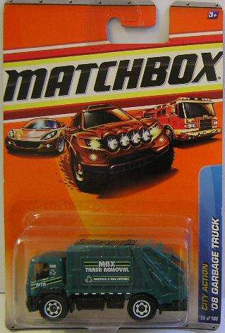 Matchbox Diecast Model Car No 66 / 100 Garbage Truck Rubbish Truck 2008 "Trash Removal" 2009 on card