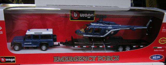Bburago Diecast Model Car Police Land Rover Defender 110 + Trailer with Helicopter "Gendarmerie" 50