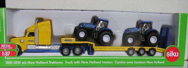 SIKU Diecast Model 1805 Peterbilt Truck and lowbed trailer with 2 New Holland Tractors 1/87 HO rail