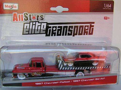 Maisto Diecast Model Car Elite Transport Chevy Chevrolet Flatbed Recovery Truck + Bel Air 1957 1/64