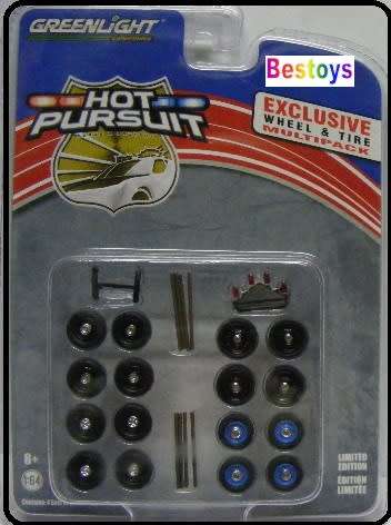 Greenlight Model Car Wheel Set Hot Pursuit Police lights nudge bar rubber real riders 1/64 scale new