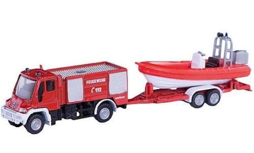 SIKU Diecast Model 1636 Truck & Trailer Mercedes Benz Unimog with inflatable boat on trailer Fire