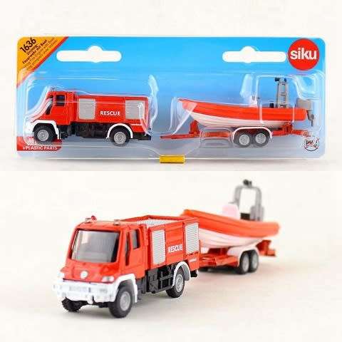 SIKU Diecast Model 1636 Truck & Trailer Mercedes Benz Unimog with inflatable boat on trailer Fire