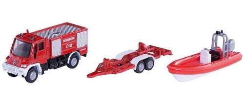 SIKU Diecast Model 1636 Truck & Trailer Mercedes Benz Unimog with inflatable boat on trailer Fire