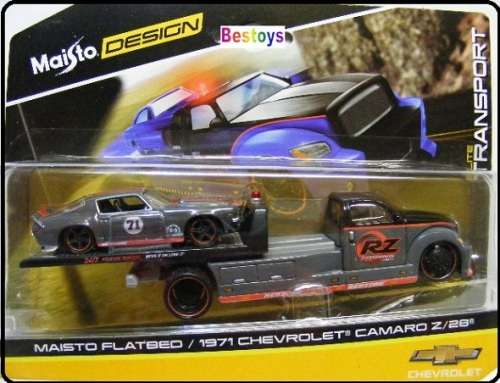 Maisto Design Diecast Model Car Elite Transport Flatbed Recovery Truck + Chevy Camaro Z 28 1971 1/64