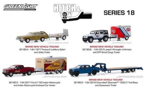 Greenlight Diecast Model Car Set Hitch & Tow Ford F 150 F150 Pickup 2017 + Trailer `Indian Motorcycl