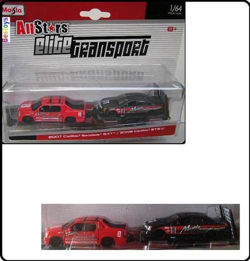 Maisto Diecast Model Car Elite Transport Cadillac Escalade EXT Pickup 2007 + STS-V 2006 on trailer