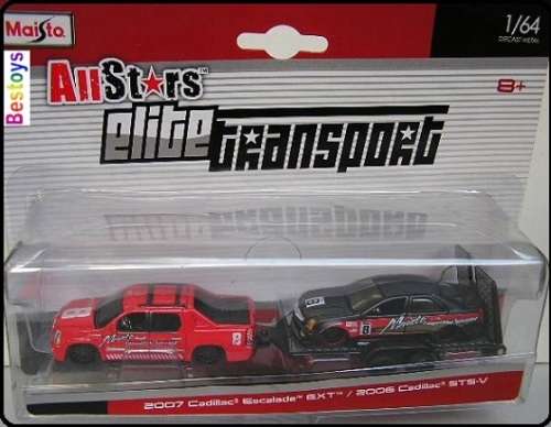Maisto Diecast Model Car Elite Transport Cadillac Escalade EXT Pickup 2007 + STS-V 2006 on trailer