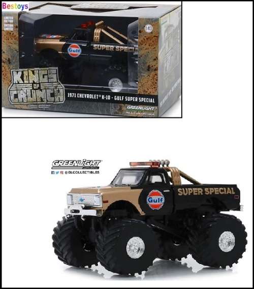 Greenlight Diecast Model Car Kings of Crunch Monster Trucks Chevy Chevrolet K 10 K10 1971 `Gulf` Sup