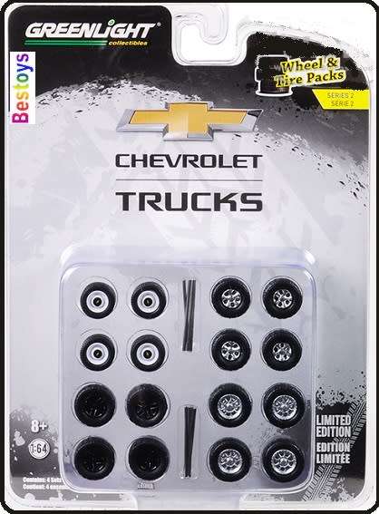 Greenlight Model Car Wheel Set Chevy Chevrolet rubber wheels real riders 1/64 scale new in pack