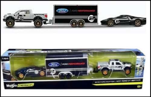 Maisto Model Car Design Series Team Hauler Ford Raptor 2020 + Gt Heritage 2017 + Enclosed Trailer Mo