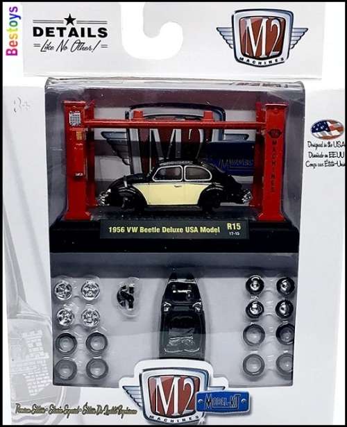 Johnny Lightning Diecast Model Car Kit Set VW Volkswagen Beetle Deluxe USA 1956 + Workshop lift + ex