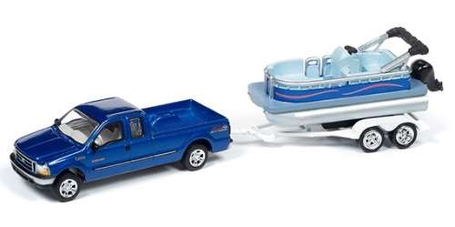 Johnny Lightning Diecast Model Car Set Hulls & Haulers Ford F 250 F250 Pickup 2004 + Pontoon Boat on