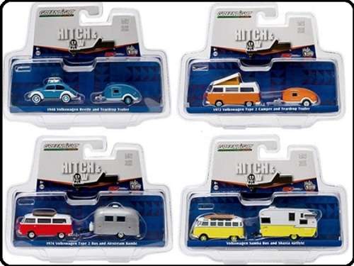 Greenlight Diecast Model Car Set Hitch & Tow VDub VW Volkswagen Beetle 1948 + Teardrop Trailer 1/64