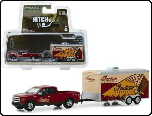 Greenlight Diecast Model Car Set Hitch & Tow Ford F 150 F150 Pickup 2017 + Trailer `Indian Motorcycl