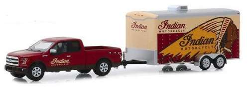 Greenlight Diecast Model Car Set Hitch & Tow Ford F 150 F150 Pickup 2017 + Trailer `Indian Motorcycl