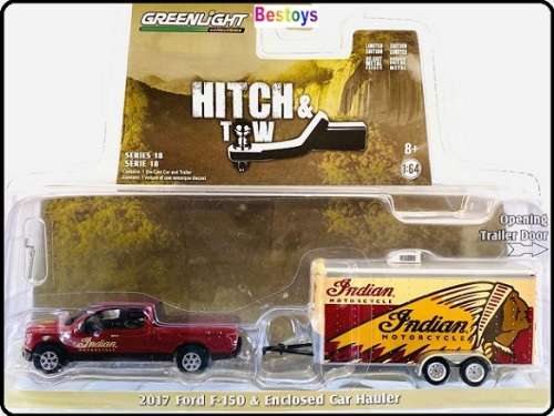 Greenlight Diecast Model Car Set Hitch & Tow Ford F 150 F150 Pickup 2017 + Trailer `Indian Motorcycl