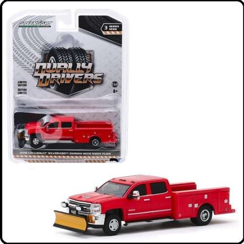 Greenlight Diecast Model Car Dually Chevy Chevrolet Silverado 3500 HD 3500HD 2018 + Snowplough 1/64