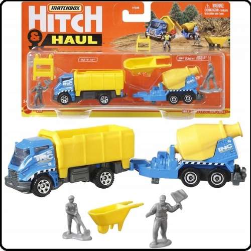 Matchbox Diecast Model Car Hitch & haul Construction Set Dump Truck + Cement Mixer trailer + access