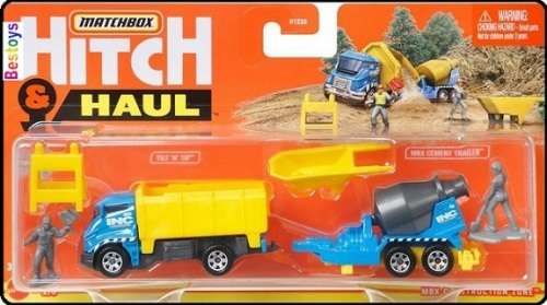 Matchbox Diecast Model Car Hitch & haul Construction Set Dump Truck + Cement Mixer trailer + access