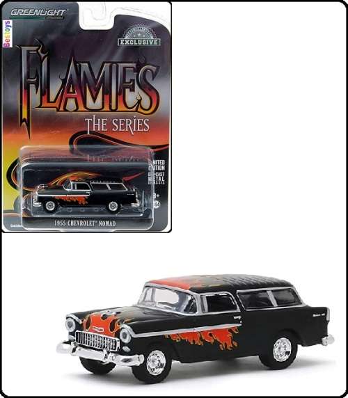 Greenlight Diecast Model Car Exclusive Flames Chevy Chevrolet Nomad 1955 1/64 scale new in pack