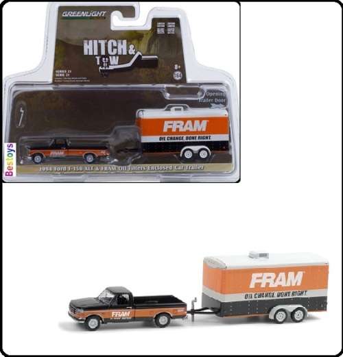 Greenlight Diecast Model Car Set Hitch and Tow Ford F 150 F150 XLT Pickup 1994 + Car Trailer `Fram`