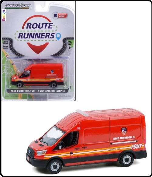 Greenlight Diecast Model Car Route Runners Ford Transit Panelvan 2019 FDNY EMS Division 1/64 scale