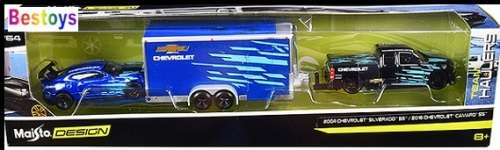 Maisto Diecast Model Car Design Series Hauler Chevy Chevrolet Silverado SS 2004 + Camaro SS 2016 + T