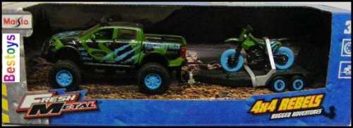 Maisto Diecast Model Car 4x4 Rebel Adventure Ford F 150 F150 XL Pickup + Motorcycle + Trailer 1/36 s