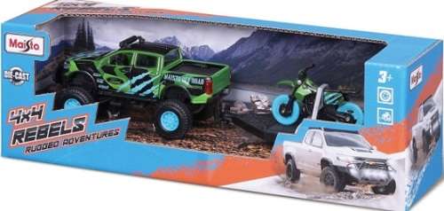 Maisto Diecast Model Car 4x4 Rebel Adventure Ford F 150 F150 XL Pickup + Motorcycle + Trailer 1/36 s