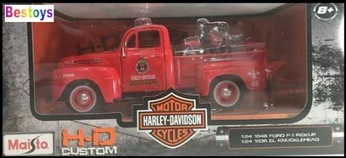 Maisto Diecast Model Car + Motorbike 32191 Ford F 1 F1 Pickup 1948 + Harley Davidson  El Knucklehead